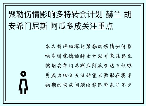聚勒伤情影响多特转会计划 赫兰 胡安希门尼斯 阿瓜多成关注重点