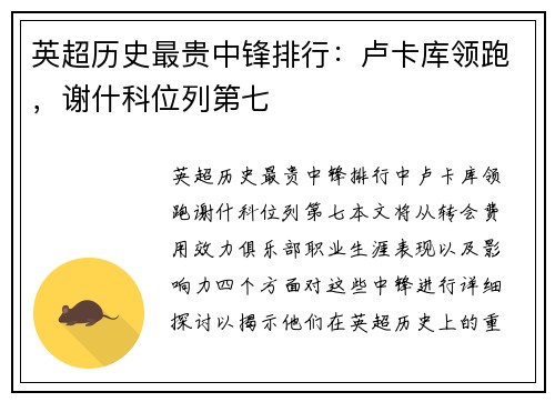 英超历史最贵中锋排行：卢卡库领跑，谢什科位列第七