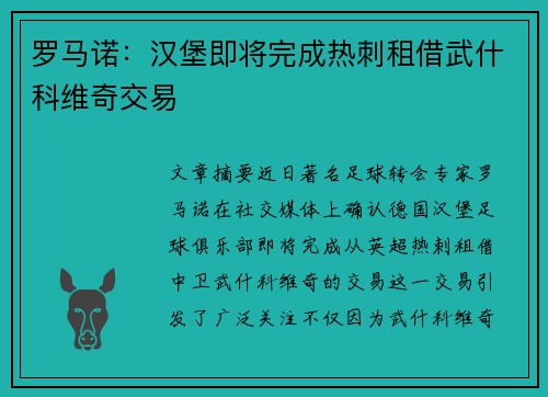 罗马诺：汉堡即将完成热刺租借武什科维奇交易