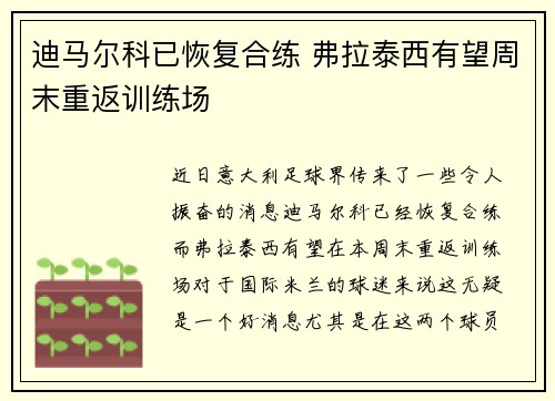 迪马尔科已恢复合练 弗拉泰西有望周末重返训练场